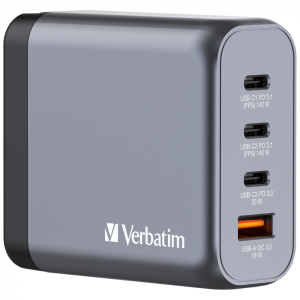 VERBATIM GNC-140 GaN Charger 4 Port 140W USB A/C (EU/UK/US)